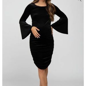 Pink Blush Black velvet ruched bell sleeve maternity dress